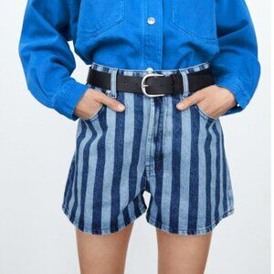 Zara Women's Striped Denim Jean Shorts High Rise Hi-Waist Blue Modern Chic NWT 6